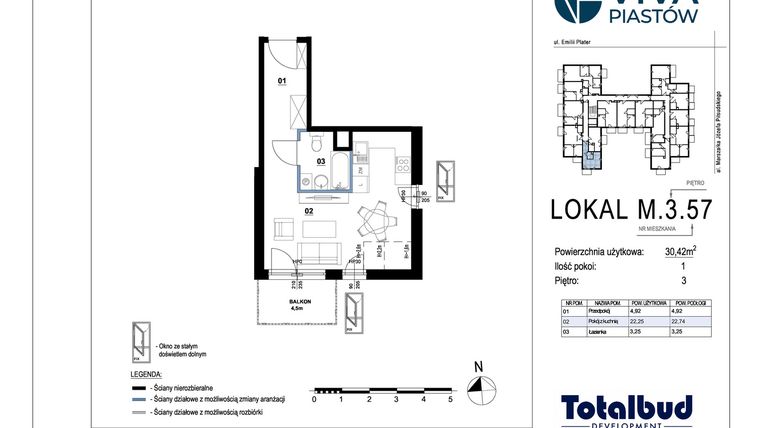 Rzut - Mieszkanie na sprzedaż 1 pokój o powierzchni 30,42 m² - numer M.3.57 w Viva Piastów