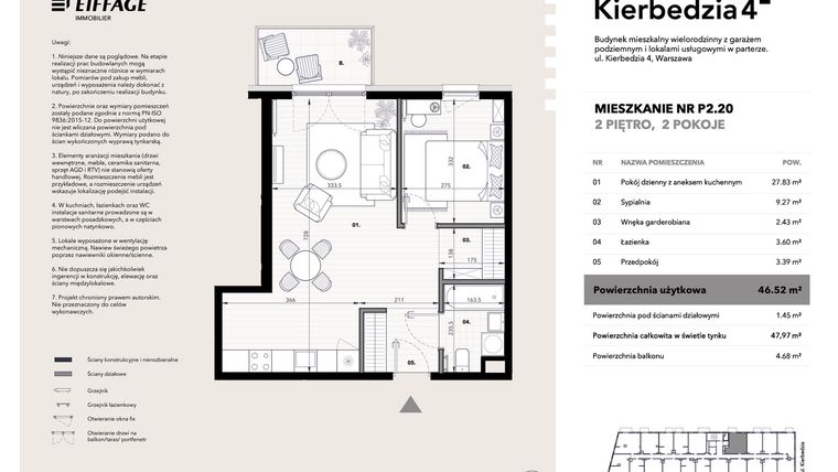 Rzut - Mieszkanie na sprzedaż 2 pokoje o powierzchni 46,52 m² - numer P2.20 w Kierbedzia 4