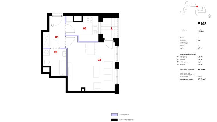 Rzut - Mieszkanie na sprzedaż 1 pokój o powierzchni 40,71 m² - numer F-148 w Zakątek Cybisa