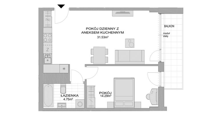Rzut - Mieszkanie na sprzedaż 2 pokoje o powierzchni 51,64 m² - numer CP/R7/54 w Centralpark