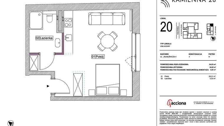 Rzut - Mieszkanie na sprzedaż 1 pokój o powierzchni 34,63 m² - numer 4.20 w Kamienna 28 - apartamenty inwestycyjne