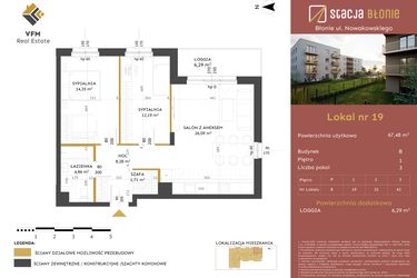 Rzut - Mieszkanie na sprzedaż 3 pokoje o powierzchni 67,48 m² - numer 19 w Stacja Błonie etap II