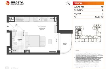 Rzut - Mieszkanie na sprzedaż 1 pokój o powierzchni 29,33 m² - numer A.40 w Esencja