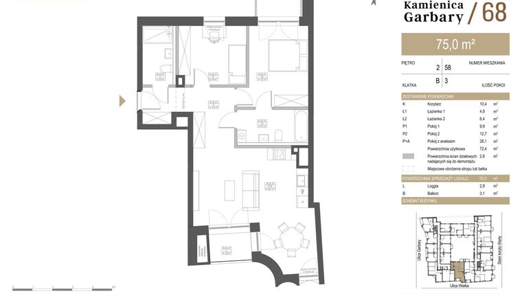 Rzut - Mieszkanie na sprzedaż 3 pokoje o powierzchni 75 m² - numer 58 w Garbary 68