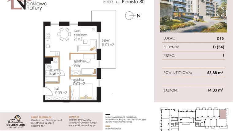 Rzut - Mieszkanie na sprzedaż 3 pokoje o powierzchni 56,88 m² - numer D15 w Enklawa Natury