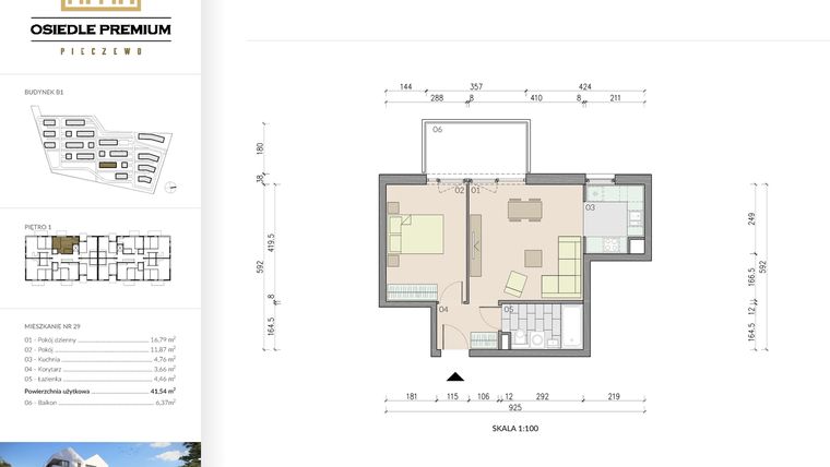 Rzut - Mieszkanie na sprzedaż 2 pokoje o powierzchni 41,54 m² - numer B1.29 w Osiedle Premium etap IV