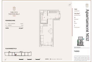 Rzut - Mieszkanie na sprzedaż 1 pokój o powierzchni 26,35 m² - numer C.32 w Młyny Mogilska