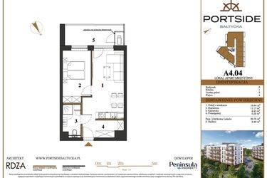 Rzut - Mieszkanie na sprzedaż 2 pokoje o powierzchni 39,76 m² - numer A4.04 w Portside Bałtycka