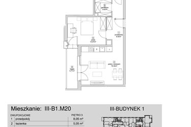 Rzut - Mieszkanie na sprzedaż 2 pokoje o powierzchni 48,93 m² - numer III-B1.M20 w Strefa Cegielnia 3