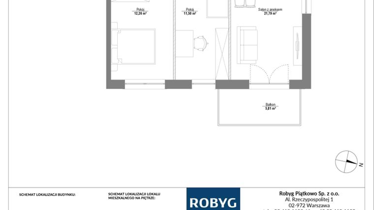 Rzut - Mieszkanie na sprzedaż 3 pokoje o powierzchni 57,2 m² - numer E.2M22 w Początek Piątkowo bud. E