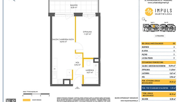 Rzut - Mieszkanie na sprzedaż 2 pokoje o powierzchni 39,44 m² - numer A/55 w Impuls Marywilska