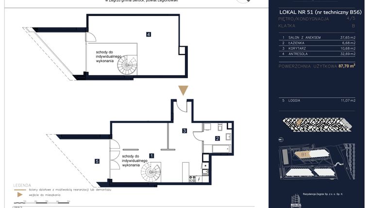 Rzut - Mieszkanie na sprzedaż 2 pokoje o powierzchni 87,7 m² - numer B56 w Rezydencja Zegrze etap II