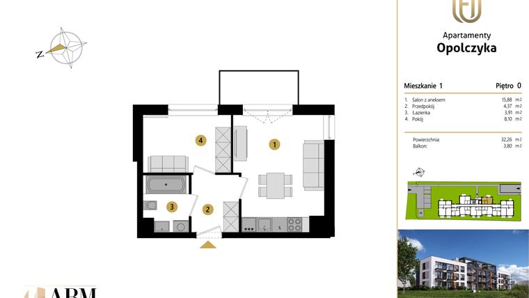 Rzut - Mieszkanie na sprzedaż 2 pokoje o powierzchni 32,26 m² - numer M1 w Apartamenty Opolczyka