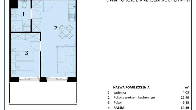 Rzut - Mieszkanie na sprzedaż 2 pokoje o powierzchni 34,89 m² - numer C.009 w Perłowa Przystań - Sianożęty - etap III