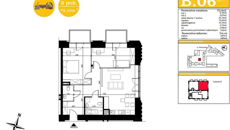 Rzut - Mieszkanie na sprzedaż 3 pokoje o powierzchni 72,15 m² - numer B.6 w ART MODERN etap III - Modern Loft