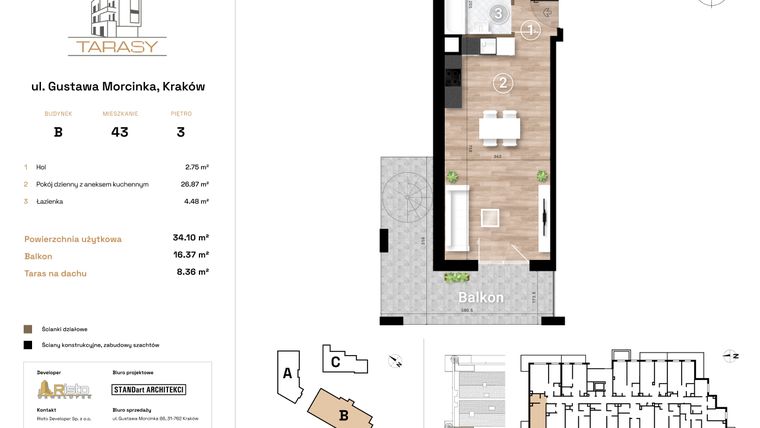 Rzut - Mieszkanie na sprzedaż 1 pokój o powierzchni 34,1 m² - numer B43 w Krzesławickie Tarasy