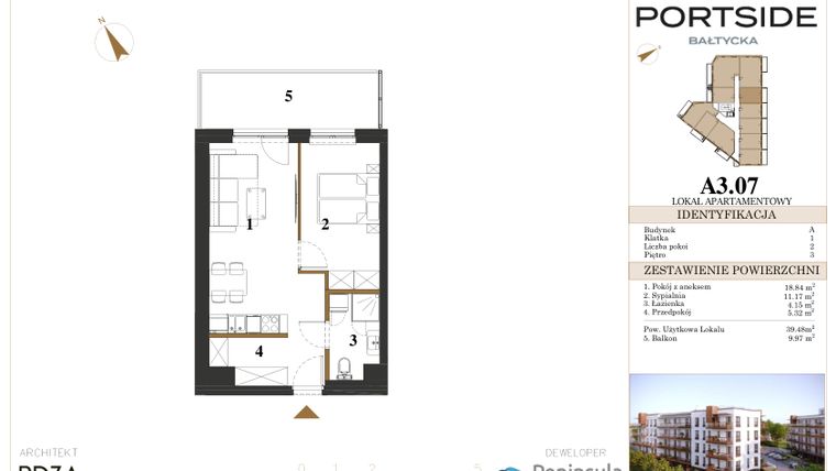 Rzut - Mieszkanie na sprzedaż 2 pokoje o powierzchni 39,48 m² - numer A3.07 w Portside Bałtycka