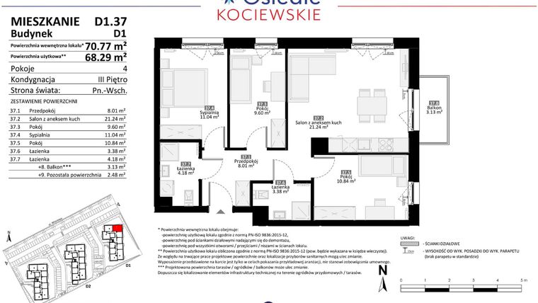 Rzut - Mieszkanie na sprzedaż 4 pokoje o powierzchni 68,29 m² - numer D1.37 w Osiedle Kociewskie etap III