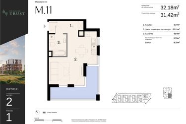 Rzut - Mieszkanie na sprzedaż 1 pokój o powierzchni 32,18 m² - numer D - M.11 w Dzielnica Trust - etap I