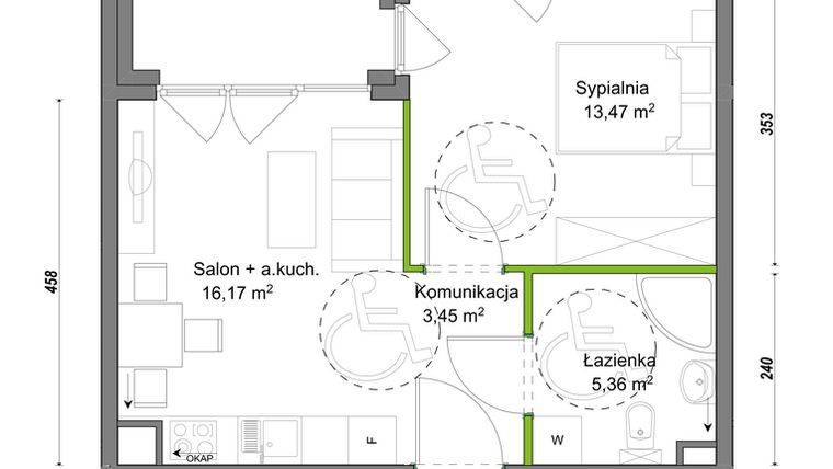Rzut - Mieszkanie na sprzedaż 2 pokoje o powierzchni 38,45 m² - numer E1/C/03 w Orawska Vita