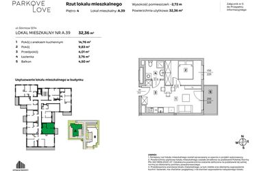 Rzut - Mieszkanie na sprzedaż 2 pokoje o powierzchni 32,36 m² - numer A.39 w Parkove Love