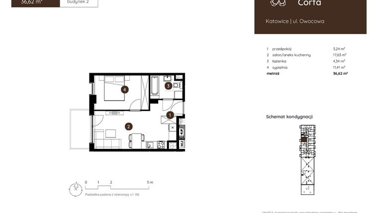 Rzut - Mieszkanie na sprzedaż 2 pokoje o powierzchni 36,62 m² - numer 2.A.7.10 w Murapol Corfa