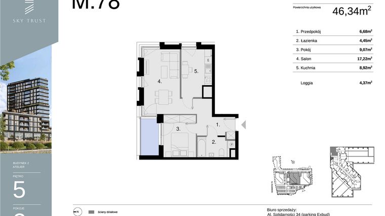 Rzut - Mieszkanie na sprzedaż 2 pokoje o powierzchni 46,34 m² - numer M78 w Sky Trust etap II
