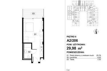 Rzut - Mieszkanie na sprzedaż 1 pokój o powierzchni 30,9 m² - numer 206 w Apollo Resort