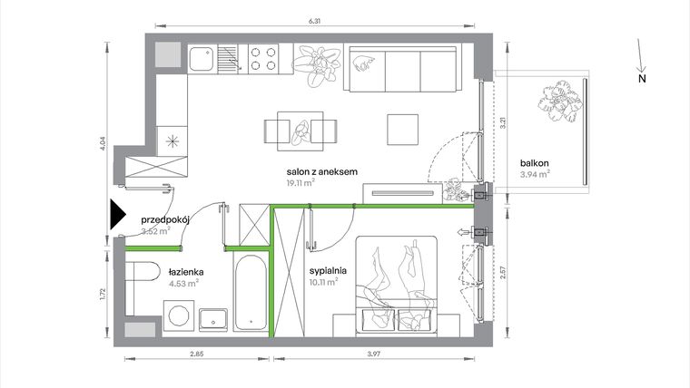 Rzut - Mieszkanie na sprzedaż 2 pokoje o powierzchni 37,27 m² - numer 1/A/2/11 w Sochaczewska Vita