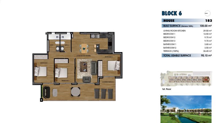Rzut - Mieszkanie na sprzedaż 3 pokoje o powierzchni 105 m² - numer 1-182 w Apartamenty w Los Alcázares - 40379092