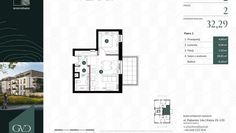 Rzut - Mieszkanie na sprzedaż 2 pokoje o powierzchni 32,29 m² - numer W2/07 w Baranówek