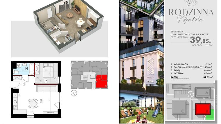 Rzut - Mieszkanie na sprzedaż 2 pokoje o powierzchni 39,61 m² - numer B5 w Rodzinna Malta