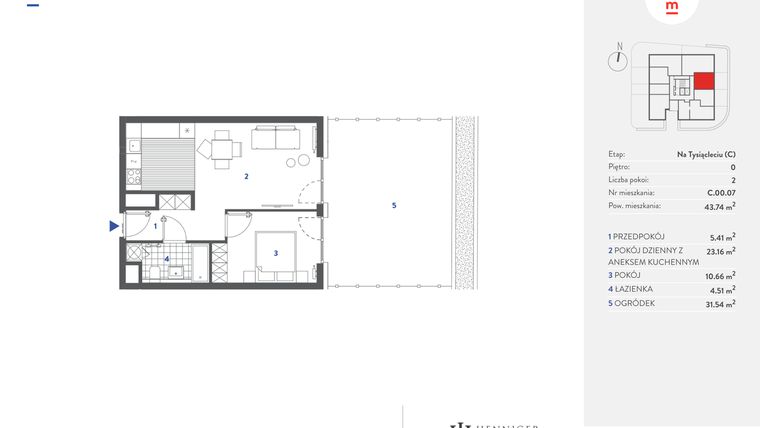 Rzut - Mieszkanie na sprzedaż 2 pokoje o powierzchni 43,8 m² - numer C.00.07 w Mieszkaj w mieście - Na Tysiącleciu budynek C