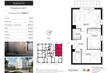 Rzut - Mieszkanie na sprzedaż 3 pokoje o powierzchni 57,63 m² - numer 1 w Novum Rumia - bud. 22