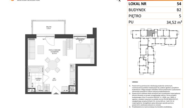 Rzut - Mieszkanie na sprzedaż 1 pokój o powierzchni 34,52 m² - numer 54 w Locus 2 bud. B2
