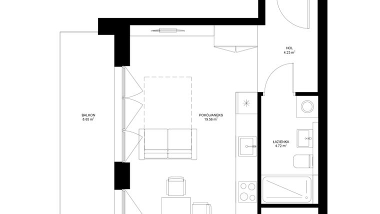 Rzut - Mieszkanie na sprzedaż 1 pokój o powierzchni 28,47 m² - numer F.5.7 w INSPIRE ETAP V – bud. F, G