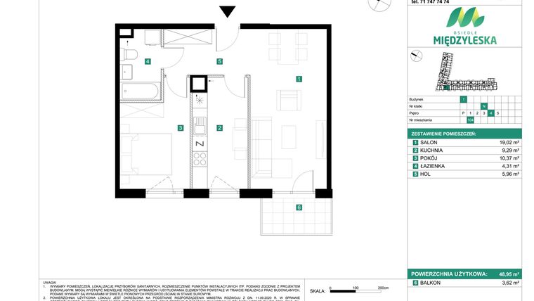 Rzut - Mieszkanie na sprzedaż 2 pokoje o powierzchni 48,95 m² - numer 104 w Osiedle Międzyleska