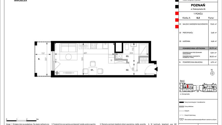 Rzut - Mieszkanie na sprzedaż 1 pokój o powierzchni 29,79 m² - numer B.A.0.2 w Zajezdnia