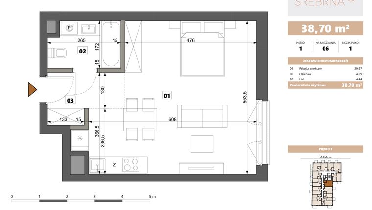 Rzut - Mieszkanie na sprzedaż 1 pokój o powierzchni 38,7 m² - numer 6 w Srebrna 5