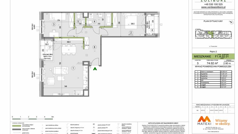 Rzut - Mieszkanie na sprzedaż 3 pokoje o powierzchni 74,02 m² - numer F1.A.02.01 w Verdea Żoliborz