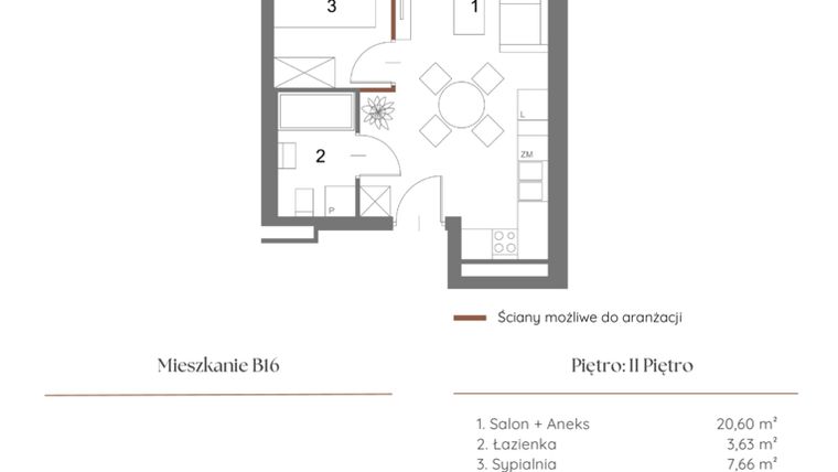 Rzut - Mieszkanie na sprzedaż 2 pokoje o powierzchni 32,34 m² - numer B16 w Dąbrowskiego 9