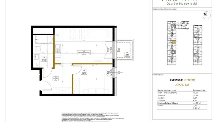 Rzut - Mieszkanie na sprzedaż 2 pokoje o powierzchni 44,37 m² - numer 138 w Aura Nova etap II