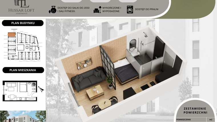 Rzut - Mieszkanie na sprzedaż 1 pokój o powierzchni 23,6 m² - numer 13 w Hussar Loft - Apartamenty inwestycyjne