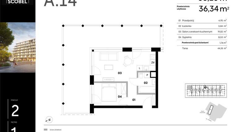 Rzut - Mieszkanie na sprzedaż 2 pokoje o powierzchni 38,1 m² - numer A.14 w Browar HUGO SCOBEL