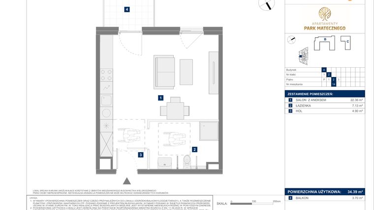 Rzut - Mieszkanie na sprzedaż 1 pokój o powierzchni 34,39 m² - numer A14 w Apartamenty Park Matecznego Etap 1