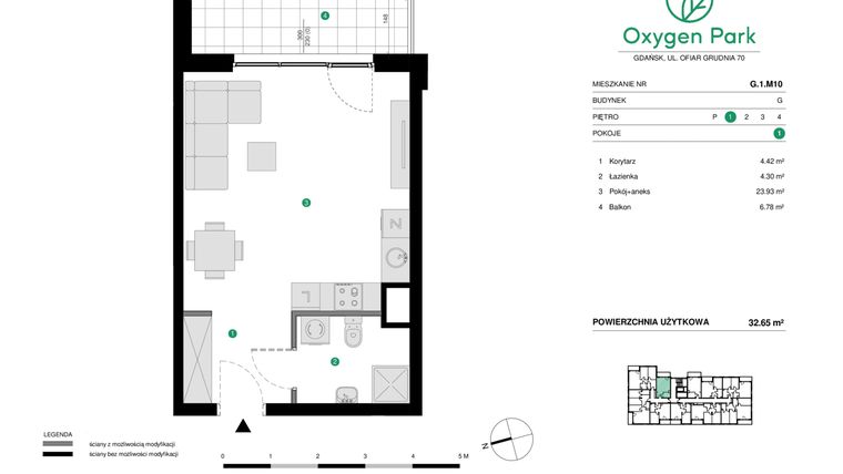 Rzut - Mieszkanie na sprzedaż 1 pokój o powierzchni 32,65 m² - numer G.1.M10 w Oxygen Park etap III