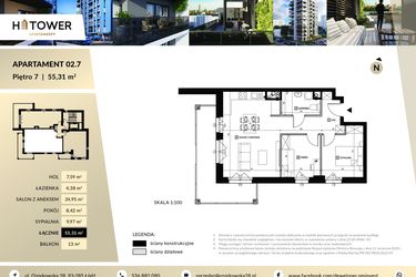Rzut - Mieszkanie na sprzedaż 3 pokoje o powierzchni 55,31 m² - numer Hi 02.7 w Hi Tower