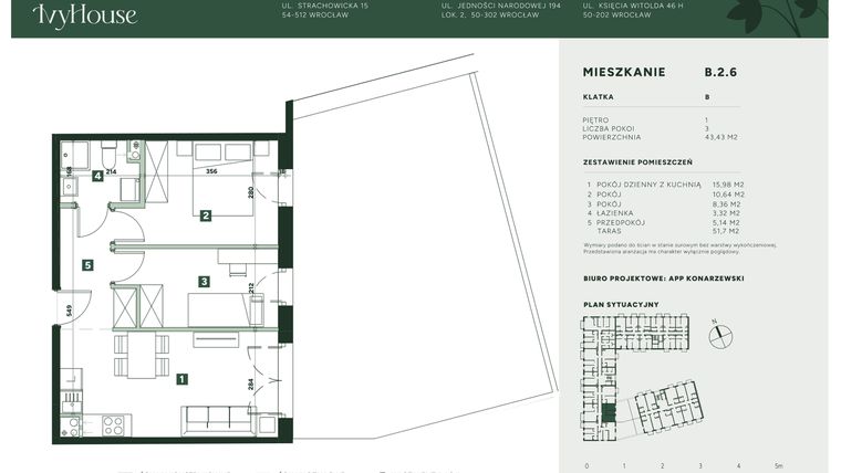 Rzut - Mieszkanie na sprzedaż 3 pokoje o powierzchni 43,43 m² - numer B.2.6 w IVY HOUSE
