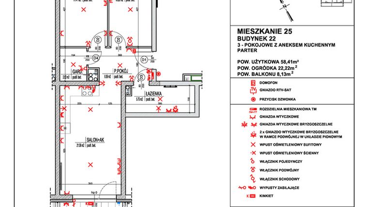 Rzut - Mieszkanie na sprzedaż 3 pokoje o powierzchni 58,41 m² - numer 25 w Osiedle 4 Pory Roku - Etap VIII