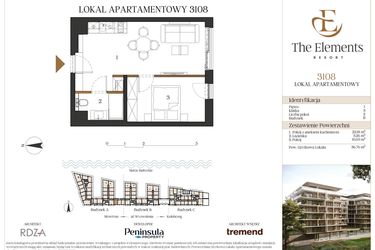 Rzut - Mieszkanie na sprzedaż 2 pokoje o powierzchni 36,76 m² - numer B3108 w The Elements Resort